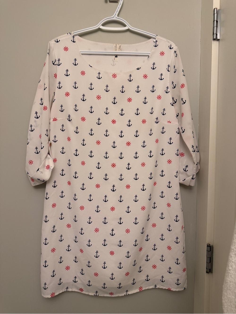White Nautical Anchor Shift Dress with Navy Anchors & Red Wheels